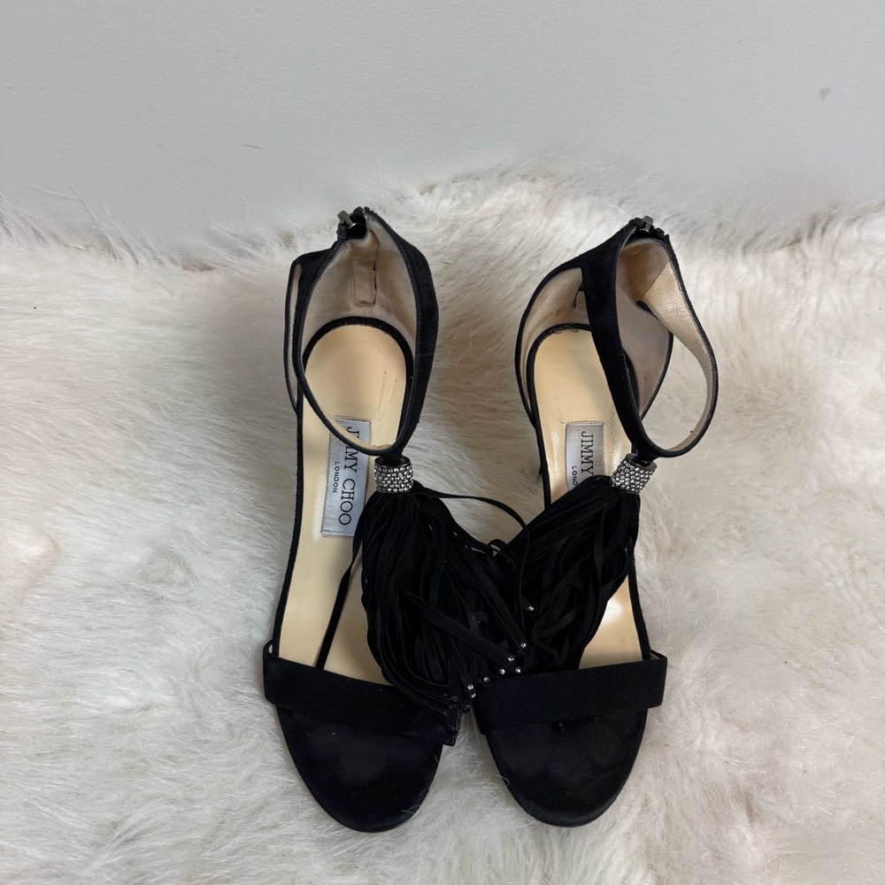 Jimmy Choo Viola Suede Fringe Rhinestone Sandal Heels - Picture 3 of 13
